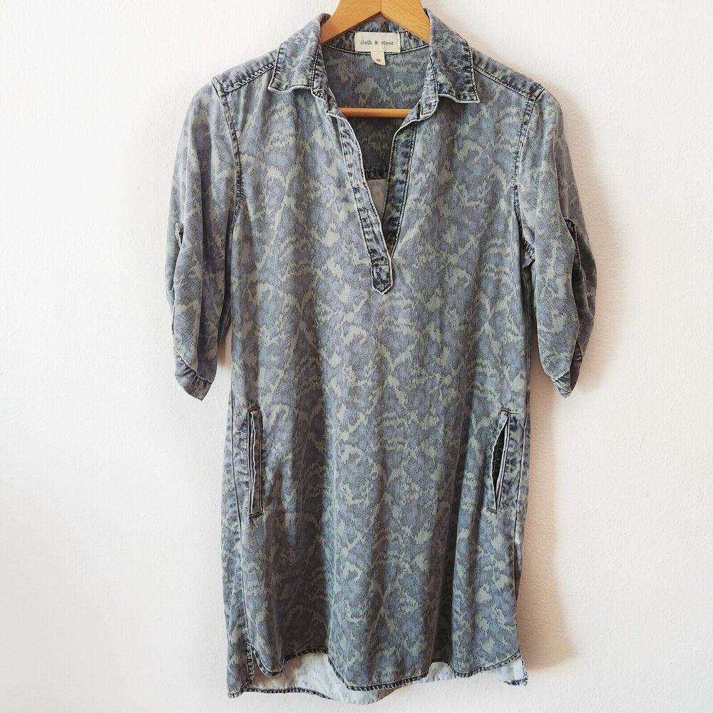 Anthro Cloth & Stone Camo Ikat Chambray Tunic Shirt Dress Tencel Roll Tab XS